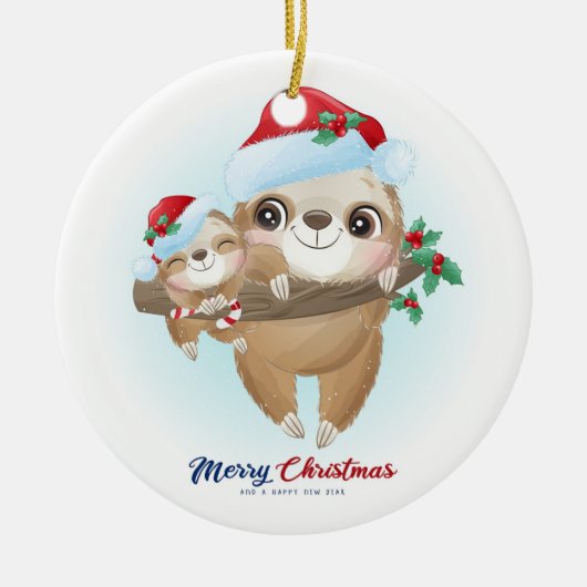 Frohe Weihnachts-Sloth Keramik Ornament (Vorne)