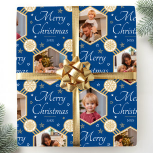 Frohe Weihnachts Snowflake Foto Blue Gold essbar Geschenkpapier
