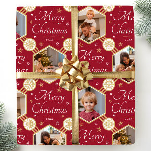 Frohe Weihnachts-Snowflake Foto Deep Red Gold Geschenkpapier
