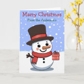 Frohe Weihnachts Snowman Custom Familienname Karte (Gelbe Blume)