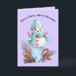 Frohe Weihnachts-Snowman-Karte Dankeskarte<br><div class="desc">Frohe Weihnachts-Schneemannskarte. Der Snowman sitzt auf einer Tasse mit Weihnachtsdekorationen,  und die Karte ist meist blau und lila. Die Wörter auf der Innenseite können geändert werden. Dank Creative Fabrica für einige der Elemente in der Gestaltung.</div>