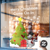 Frohe Weihnachts-Snowman Tree Storefront oder Zuha Fensteraufkleber (Café-Fenster)