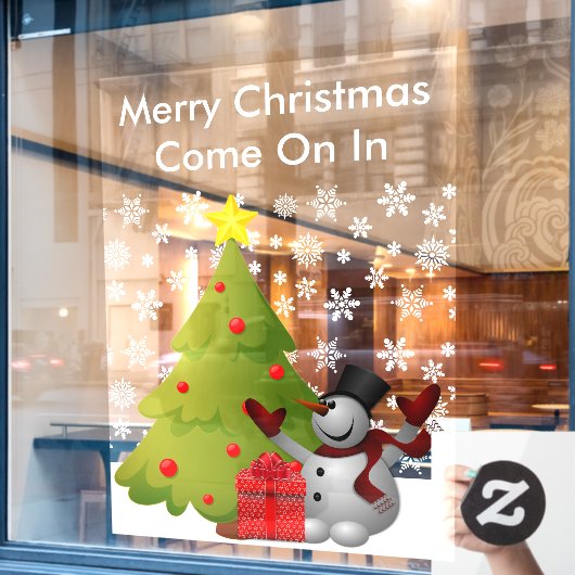 Frohe Weihnachts-Snowman Tree Storefront oder Zuha Fensteraufkleber (Café-Fenster)