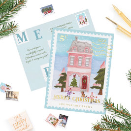 Frohe Weihnachts Snowy Festive House Postage Brief Folien Feiertagspostkarte