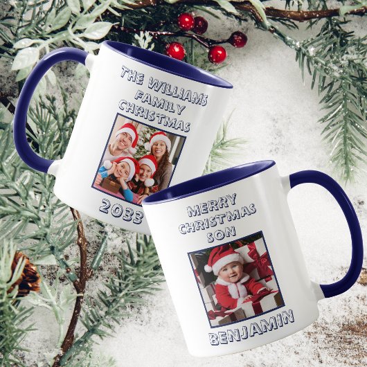 Frohe Weihnachts Sohn Foto Navy Blue & White Tasse