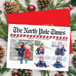 Frohe Weihnachts-Spaß Foto Collage Zeitung Feiertagskarte<br><div class="desc">Dieses Design zeichnet sich durch eine fröhliche Weihnachtsfeier aus,  mit einer Collage aus Foto,  und einen Spaß am Nordpol,  mit einem 5-Foto Typografie,  mit einem einzigartigen Zeitungsnewsletter,  einem niedlichen whimsical Santa,  einem rot-weiß,  kantigen Streifen Streifen Streifen gestreift,  ein Spaß Urlaub Grußkarte</div>