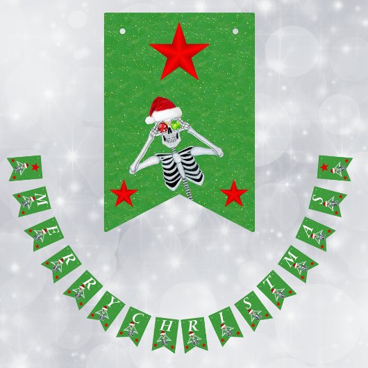 Frohe Weihnachts Spaß Skeleton Red Stars Green Wimpelkette