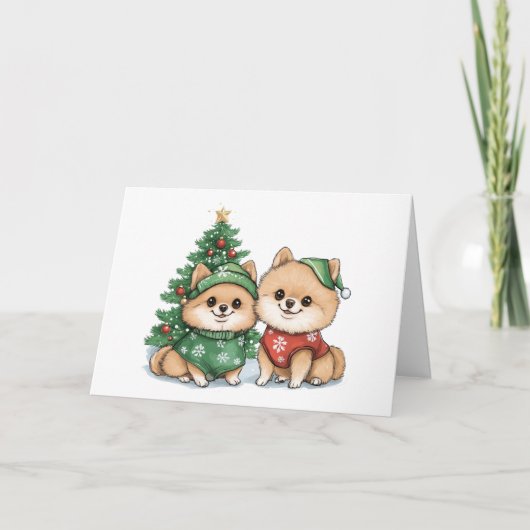 Frohe Weihnachts-Spitz-Hunde Feiertagskarte (Vorderseite)