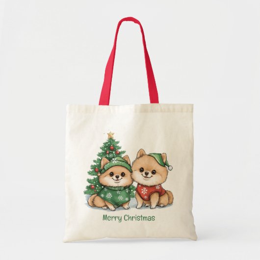 Frohe Weihnachts-Spitz-Hunde Tragetasche (Vorne)
