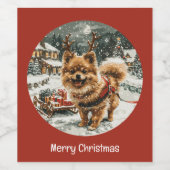 Frohe Weihnachts-Spitz Reindeer Dog Weinetikett (Einzelnes Label)