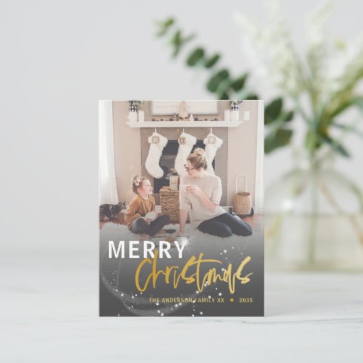 Frohe Weihnachts-Star-Imitate Gold-Script Weihnach Postkarte (Stehend Vorderseite)