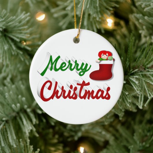 Frohe Weihnachts-Strumpf Rot-Grün-Skript Keramik Ornament (Baum)