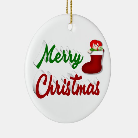 Frohe Weihnachts-Strumpf Rot-Grün-Skript Keramik Ornament (Rechts)