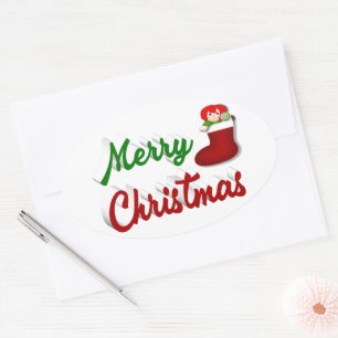 Frohe Weihnachts-Strumpf Rot-Grün-Skript Ovaler Aufkleber