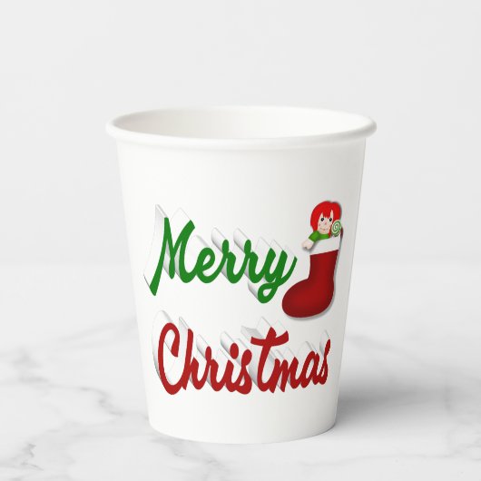 Frohe Weihnachts-Strumpf Rot-Grün-Skript Pappbecher (Rückseite)