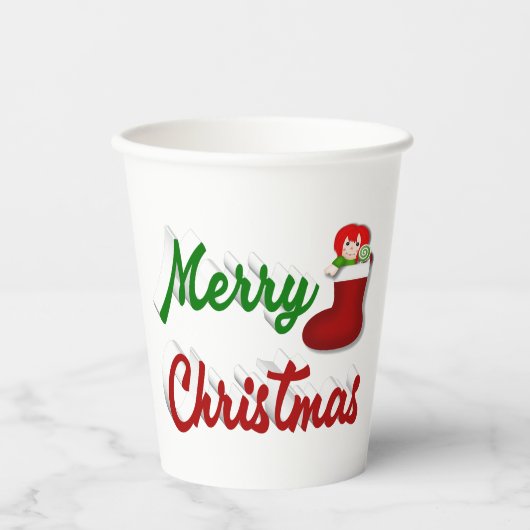 Frohe Weihnachts-Strumpf Rot-Grün-Skript Pappbecher (Vorderseite)