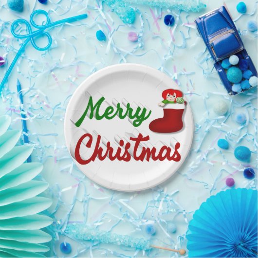 Frohe Weihnachts-Strumpf Rot-Grün-Skript Pappteller (Party)