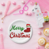 Frohe Weihnachts-Strumpf Rot-Grün-Skript Pappteller (Party)