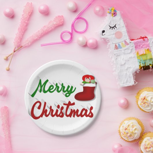 Frohe Weihnachts-Strumpf Rot-Grün-Skript Pappteller (Party)
