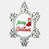 Frohe Weihnachts-Strumpf Rot-Grün-Skript Schneeflocken Zinn-Ornament (Rechts)