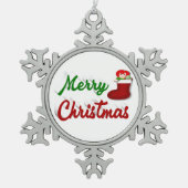 Frohe Weihnachts-Strumpf Rot-Grün-Skript Schneeflocken Zinn-Ornament (Vorderseite)