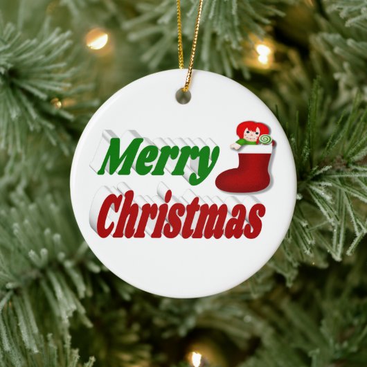 Frohe Weihnachts-Strumpf rot-grüne Typografie Keramik Ornament (Baum)