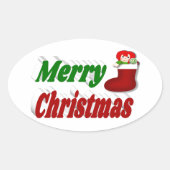 Frohe Weihnachts-Strumpf rot-grüne Typografie Ovaler Aufkleber (Vorderseite)