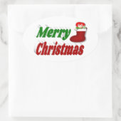 Frohe Weihnachts-Strumpf rot-grüne Typografie Ovaler Aufkleber (Tasche)