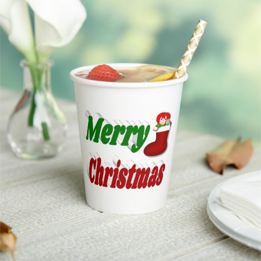 Frohe Weihnachts-Strumpf rot-grüne Typografie Pappbecher (In Situ)