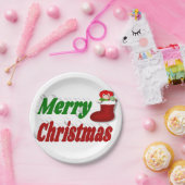 Frohe Weihnachts-Strumpf rot-grüne Typografie Pappteller (Party)
