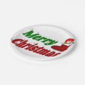 Frohe Weihnachts-Strumpf rot-grüne Typografie Pappteller (Schrägansicht)