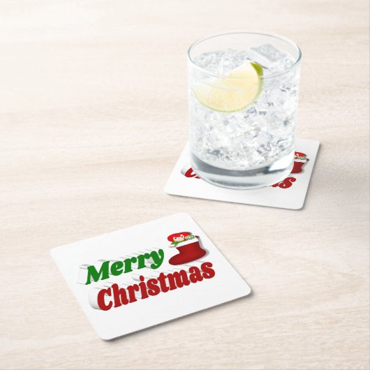 Frohe Weihnachts-Strumpf rot-grüne Typografie Rechteckiger Pappuntersetzer (Vor Ort)