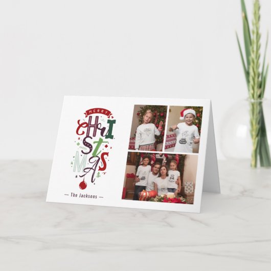 Frohe Weihnachts Typografie 3 Foto Collage Urlaub Karte (Vorderseite)