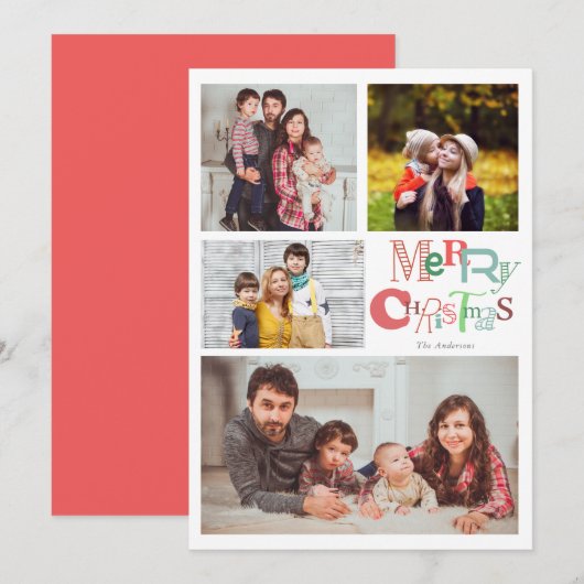 Frohe Weihnachts Typografie 4 Foto Collage Pink Einladung (Vorne/Hinten)