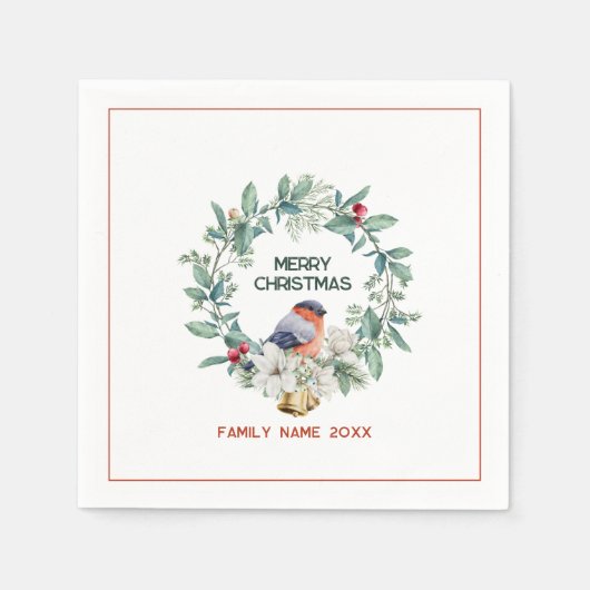 Frohe Weihnachts Typografie Wreath & Red Robin Serviette (Vorderseite)