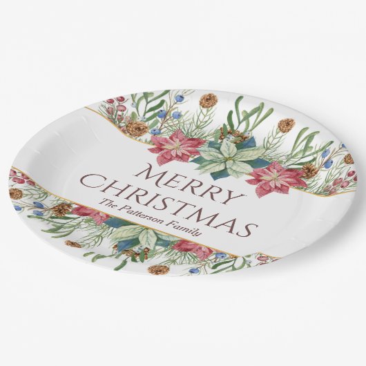 Frohe Weihnachts Wasserfarbe Winter Blume Name Pappteller (Schrägansicht)