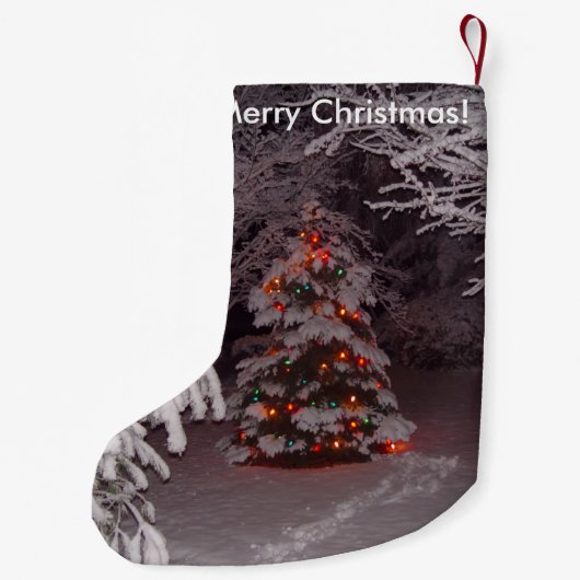 Frohe Weihnachts-Weihnachtsbaumleuchten im Schnee Kleiner Weihnachtsstrumpf (Rückseite)