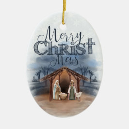 Frohe Weihnachts Weihnachtskrippen Foto / Jahr Keramik Ornament