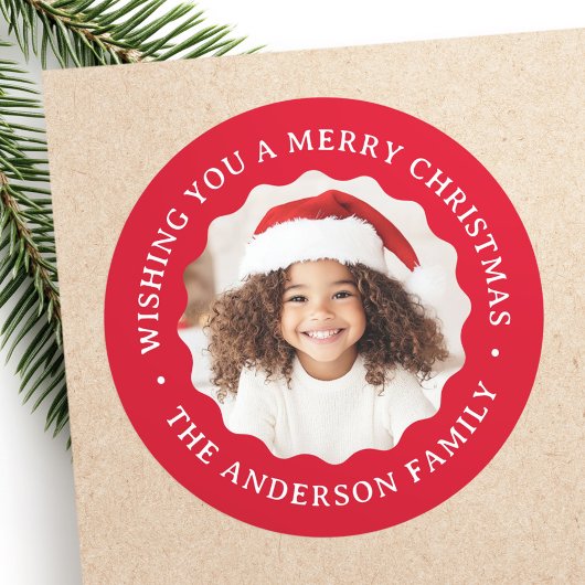 Frohe Weihnachts-weiße Grenze rotes Foto Runder Aufkleber