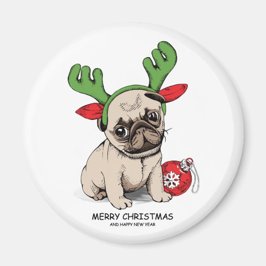 Frohe Weihnachts Welpe Mops Magnet (Vorne)