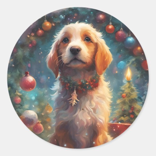 Frohe Weihnachts Welpen Hund, Ferienhaus Runder Aufkleber (Vorderseite)