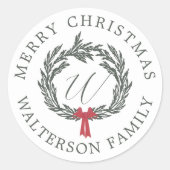 Frohe Weihnachts Winter Garland Wreath Monogram Runder Aufkleber (Vorderseite)