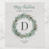 Frohe Weihnachts Winter Greenery Monogram Wreath Weinetikett (Einzelnes Label)