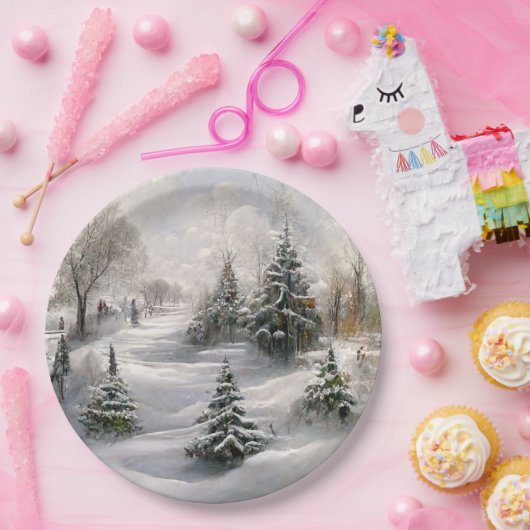 Frohe Weihnachts-Winterwaldlandschaft Pappteller (Party)