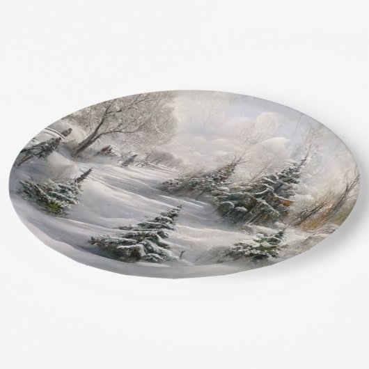 Frohe Weihnachts-Winterwaldlandschaft Pappteller (Schrägansicht)