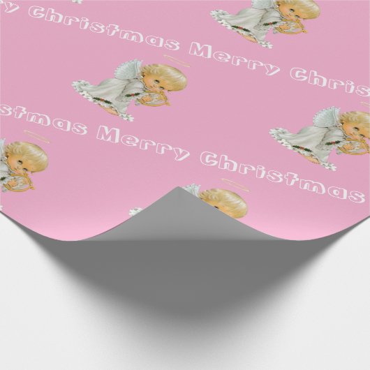 Frohe Weihnachts Wrapping Paper Baby Pink Angel Geschenkpapier (Ecke)