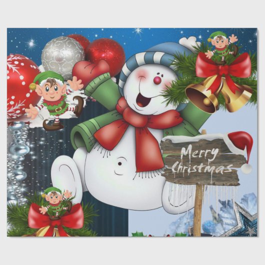 Frohe Weihnachts Wrapping Paper Elf Snowman Geschenkpapier (Flach)