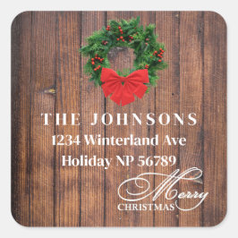 Frohe Weihnachts-Wreath Dark Wood Address Label Quadratischer Aufkleber