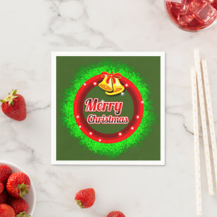 Frohe Weihnachts Wreath Gold Bell Red Green Serviette