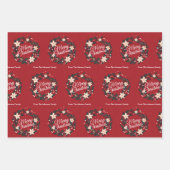 Frohe Weihnachts Wreath Red Poinsettia Familiennam Geschenkpapier Set (Vorderseite)
